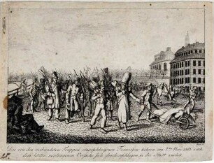 Die von den verbündeten Truppen eingeschlossenen Franzosen kehren am 7. November 1813 in die Stadt zurück. Blatt 15 aus der Serie "Dresdens Not und Rettung, 1813"