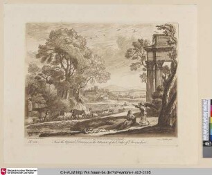 [Landschaft mit Hagar und dem Engel. Rechts Ruine eines Tempels, weiterhin treibt ein Hirt die Herde vor sich.]