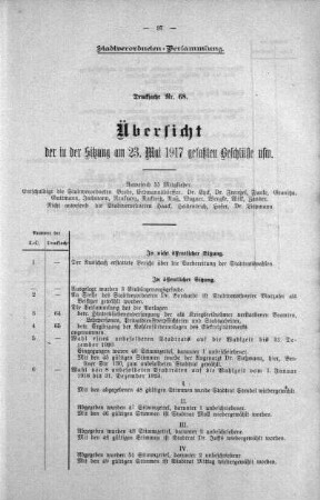 Übersicht der in der Sitzung am 23.Mai 1917 gefaßten Beschlüsse. (68), 23. Mai 1917