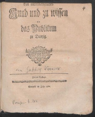 Ein unterdienstliches Kund und zu wissen an das Publikum zu Danzig