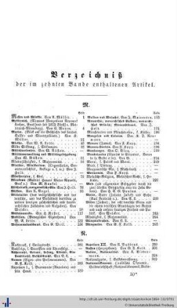 Verzeichniß der im zehnten Bande enthaltenen Artikel.