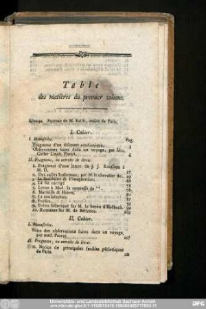 Table des matières du premier volume.
