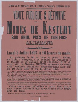 "Vente Publique & Definitive des Mines de Kestert, Sur Rhin, Pres de Coblence, Allemagne"