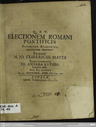 Electionem Romani Pontificis Dissertat. Academica