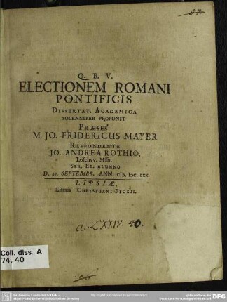 Electionem Romani Pontificis Dissertat. Academica
