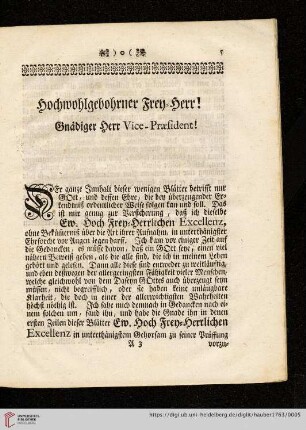 Hochwohlgebohrner Frey-Herr! Gnädiger Herr Vice-Præsident!