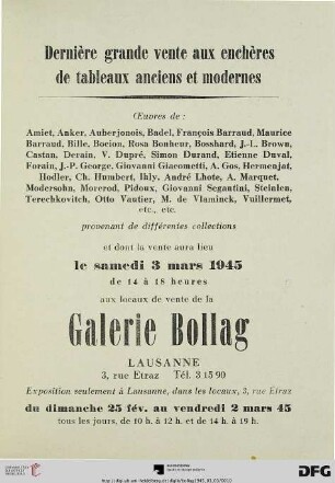 Dernière grande vente aux enchères de tableaux anciens et modernes : œuvres de: Amiet, Anker, Auberjonois, ... ; provenant de différentes collections ; vente: 3 mars 1945