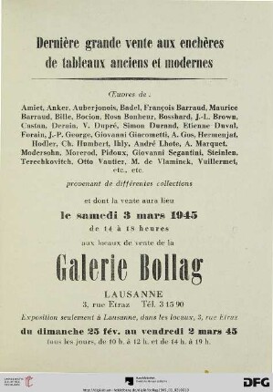 Dernière grande vente aux enchères de tableaux anciens et modernes : œuvres de: Amiet, Anker, Auberjonois, ... ; provenant de différentes collections ; vente: 3 mars 1945