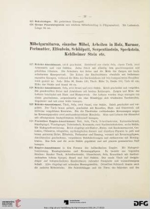 Möbelgarnituren, einzelne Möbel, Arbeiten in Holz, Marmor, Perlmutter, Elfenbein, Schildpatt, Serpentinstein, Speckstein, Kehlheimer Stein etc. (Nr. 627-820c)