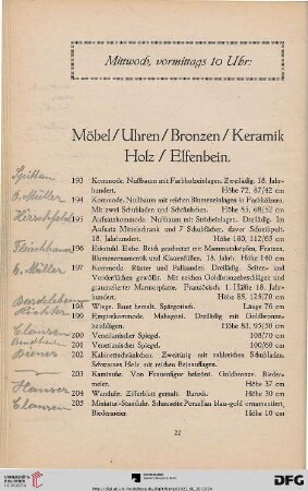 Mittwoch, vormittags 10 Uhr: Möbel / Uhren / Bronzen / Keramik / Holz / Elfenbein (Nr. 193 - 366)