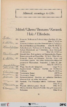 Mittwoch, vormittags 10 Uhr: Möbel / Uhren / Bronzen / Keramik / Holz / Elfenbein (Nr. 193 - 366)