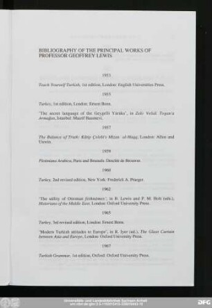 Bibliography Of The Principal Works Of Professor Geoffrey Lewis