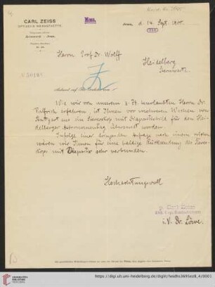 Briefe von Carl Zeiss (Jena) an Max Wolf: Brief von Fritz Löwe von Carl Zeiss (Jena) an Max Wolf