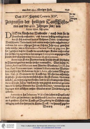 Das XIV. Capitel / Centuria XIV. Zeugnussen der heiligen TauffHistorien aus der 1400. Jährigen zeit / von Anno 1300. biß 1400
