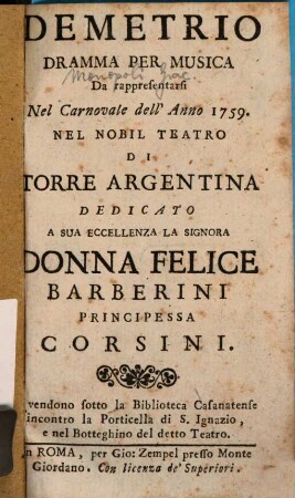 Demetrio : Dramma per musica