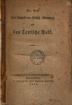 Der Graf Karl August von Reisach-Steinberg an das Teutsche Volk