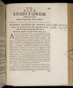 N. VIII. [...] Calendis Augusti Anni M DC LXXXVII.