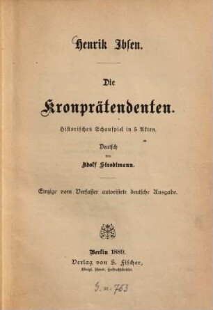 Die Kronprätendenten : Historisches Schauspiel in 5 Akten. Deutsch von Adolf Strodtmann