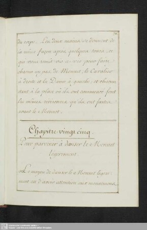 Chapitre vingt cinq. Pour parvenir à danser le Menuet légerement