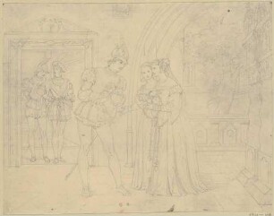 Zu Shakespeares "Othello", Blatt 6, 3. Akt, 3. Szene: Cassio mit Desdemona und Emilia, im Hintergrund links Othello und Jago