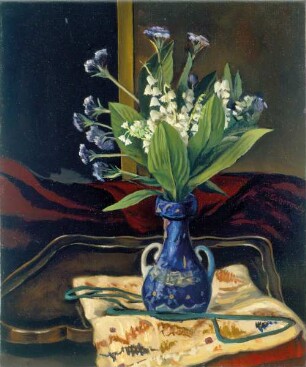 Maiglöckchen und Vergissmeinnicht in blauer Vase
