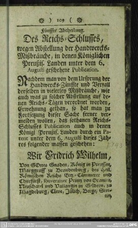 Fünffte Abtheilung Des Reichs-Schlusses, wegen Abstellung der Handwercks-Mißbräuche, in denen Königlichen Preußis. Landen unter dem 6. Augusti geschehene Publication