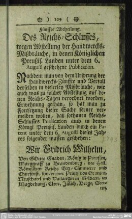 Fünffte Abtheilung Des Reichs-Schlusses, wegen Abstellung der Handwercks-Mißbräuche, in denen Königlichen Preußis. Landen unter dem 6. Augusti geschehene Publication