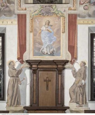 Heilige, Selige und berühmte Franziskaner, Bild der Maria Immaculata, präsentiert durch die Heiligen Franziskus und Antonius von Padua