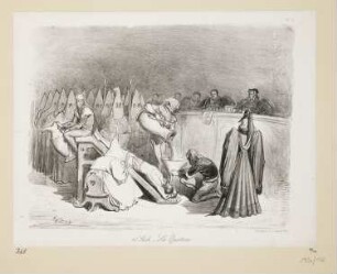 13.e siècle, la question, Blatt 5 der Folge "Folies-Gauloises depuis les Romains jusqu'à nos Jours. Album de Moeurs et de Costumes"