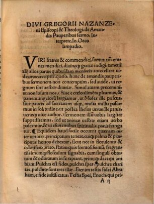 De Amandis Pavperibus, Gregorij Naza[n]zeni Episcopi & Theologi sermo