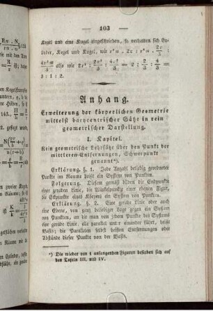 Anhang. Erweiterung der körperlichen Geometrie mittels barycentrischer Sätze in rein geometrischer Darstellung.