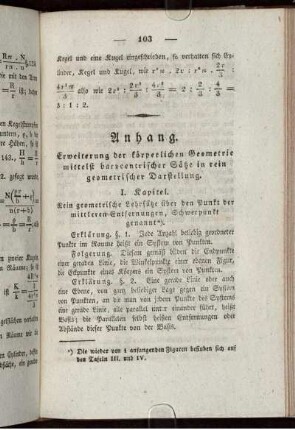 Anhang. Erweiterung der körperlichen Geometrie mittels barycentrischer Sätze in rein geometrischer Darstellung.