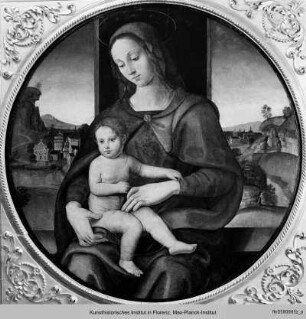 Tondo mit thronender Madonna vor einer Landschaft