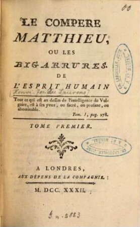 Le Compere Matthieu, Ou Les Bigarrures De L'Esprit Humain, 1
