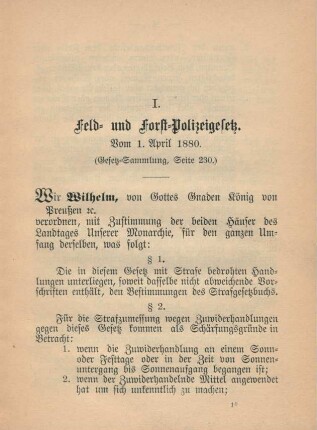 I. Feld- und Forst-Polizeigesetz. Vom 1. April 1880.