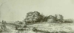 Landschaft mit Heuschober und ziehender Schaftherde