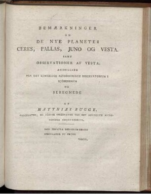 Bemærkninger om de Nye Planeter Ceres, Pallas, Juno og Vesta...