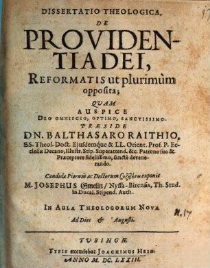 Dissertatio theologica de providentia Dei, reformatis ut plurimum opposita