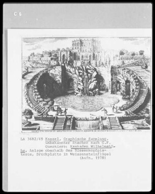 Delineatio Montis — Ansicht des Brunnens auf dem Platz, wo sich die Treppen und Wasserfälle befinden (heute: Riesenkopfbassin) (Tafel 10)