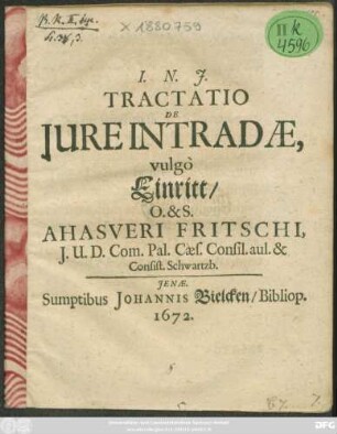 Tractatio De Iure Intradae, vulgo Einritt