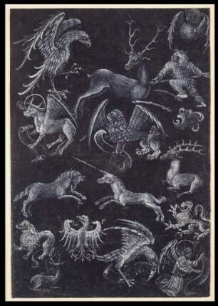 Musterblatt mit Evangelistensymbolen, verschiedenen Tieren und Wildem Mann
