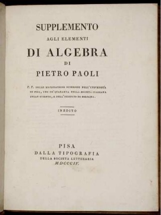 Suppl.: Elementi d'Algebra. Supplemento
