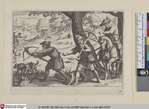 [Jäger mit Armbrüsten schießen Hasen; Hunters with Crossbows Shooting Rabbits]