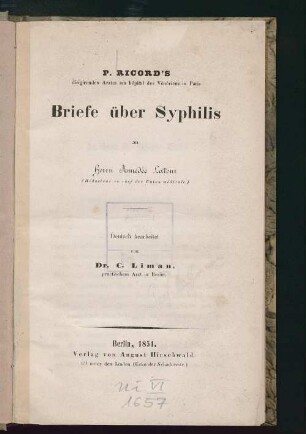 P. Ricord's Briefe über Syphilis : an Herrn Amédée Latour
