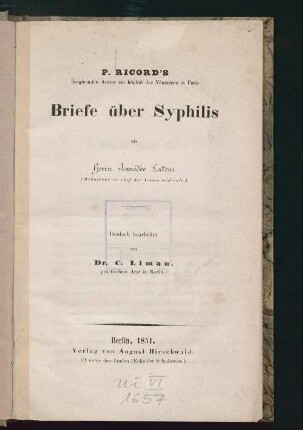 P. Ricord's Briefe über Syphilis : an Herrn Amédée Latour