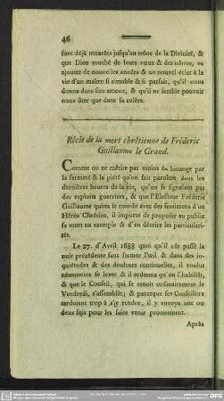 Récit de la mort chrétienne de Fréderic Guillaume le Grand