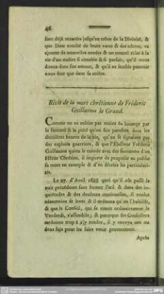 Récit de la mort chrétienne de Fréderic Guillaume le Grand