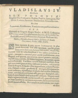 Vladislaus IV. Dei Gratia Rex Poloniae ... 1644.