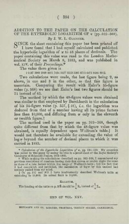 Addition to the paper on the calculation of the hyperbolic logarithm of ... (pp. 362-368).