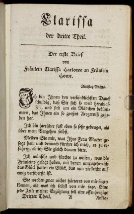 Der erste Brief von Fräulein Clarissa Harlowe an Fräulein Howe. - Der fünfte Brief von Fräulein Clarissa Harlowe an Fräulein Howe